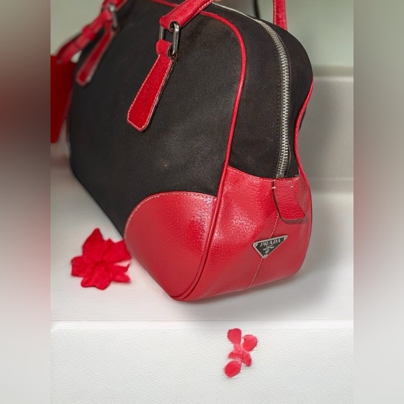 SOLD!! Not for Sale! Prada Cherry Red Brown Leather and Canvas Bowling Bag - Picture 5 of 14